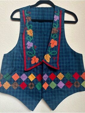 Vtg 90s Thanksgiving Harvest Vest Cottagecore Pumpkin Grapes Plaid L/XL